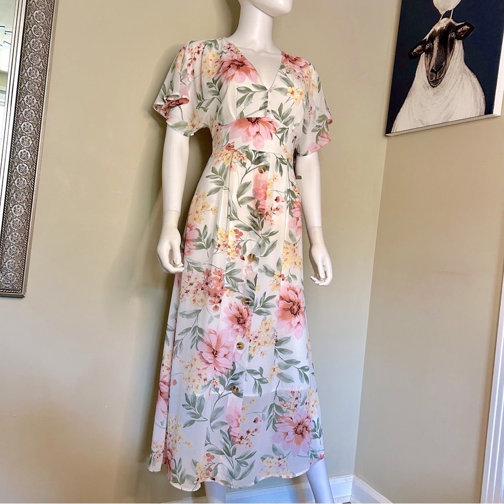 Leith White Floral Flutter Sleeve Midi/Maxi Dress - Picture 4 of 12